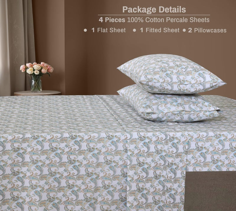 ZOYER 100% Cotton Sheets - Cooling & Crisp Full Size Percale Bed Sheets  16"" Deep Pockets Full Bedding Set  Lightweight & Breathable  Durable  4 Pieces  Paisley Ornamental - Image 5